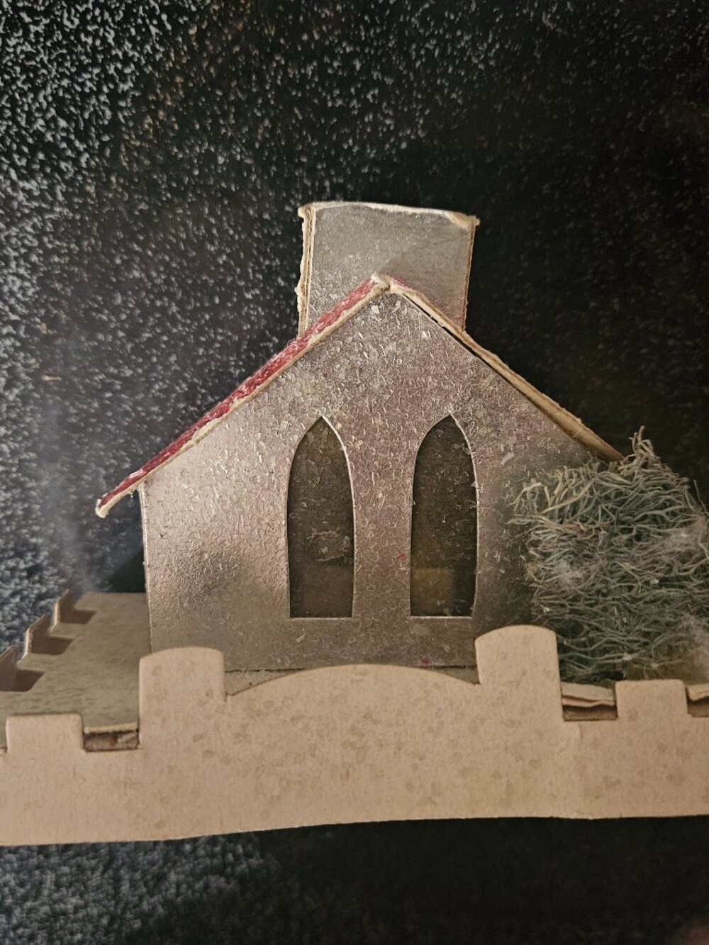 Vintage Japan Silver Cardboard and Pink Mica Putz Church